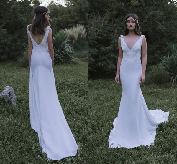 2021 new es v neck appliqued lace backless sweep train soft satin country wedding garden boho bridal gowns klqq, White
2021 new es v neck appliqued lace backless sweep train soft satin country wedding garden boho bridal gowns klqq, White