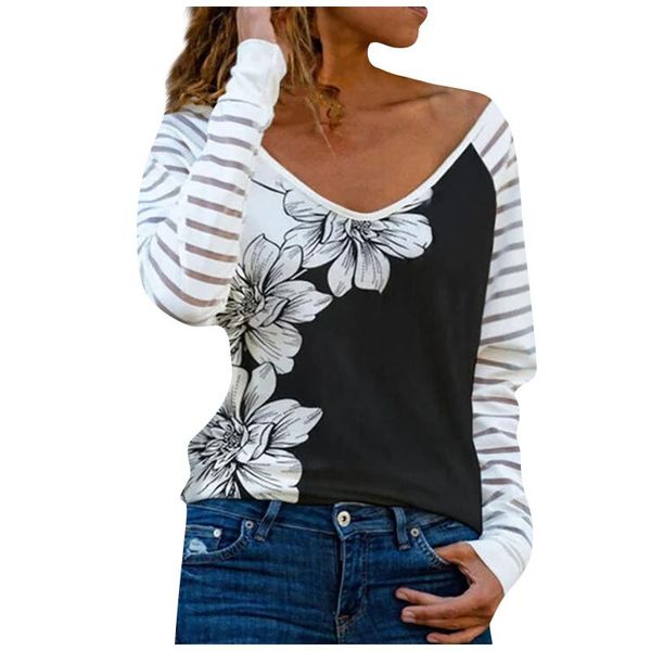 women's t-shirt floral printed woman tshirts spring fashion v neck patchwork striped long sleeve graphic tees pullover mujer camisetas, White
women's t-shirt floral printed woman tshirts spring fashion v neck patchwork striped long sleeve graphic tees pullover mujer camisetas, White