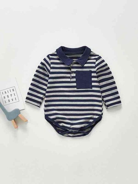 baby striped pocket front polo neck bodysuit she, Blue