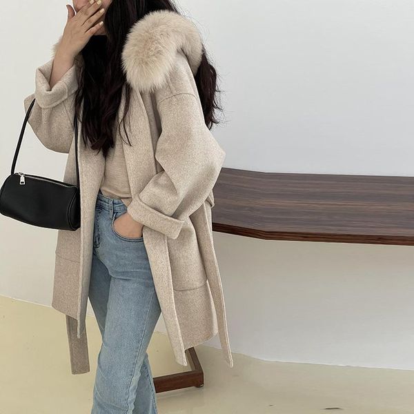women's wool & blends winter women coat real fur jacket natural collar outerwear belt streetwear female clothing, Black
women's wool & blends winter women coat real fur jacket natural collar outerwear belt streetwear female clothing, Black