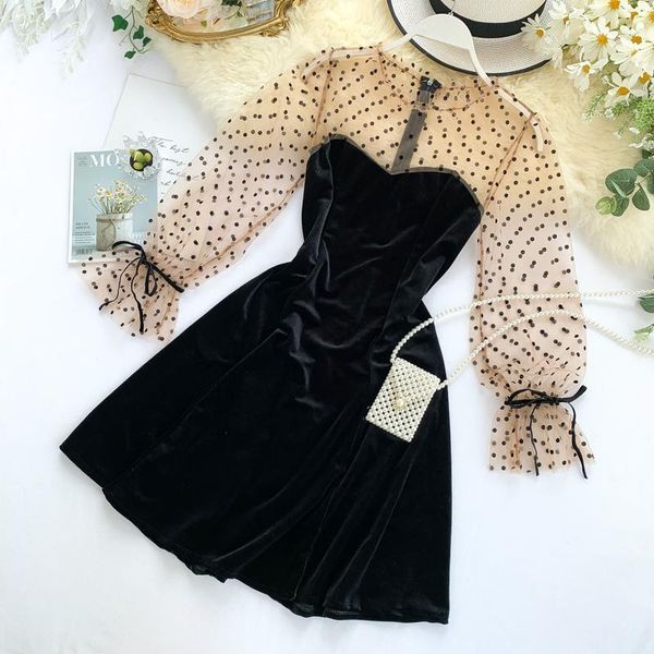 casual dresses spring 2021 polka dot print mesh stitching dress french retro black velour female velvet vestidos for women, Black;gray
casual dresses spring 2021 polka dot print mesh stitching dress french retro black velour female velvet vestidos for women, Black;gray