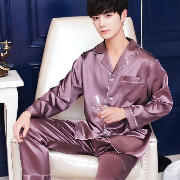 long sleeve silk pajamas for men in spring and autumn, Black;brown
long sleeve silk pajamas for men in spring and autumn, Black;brown