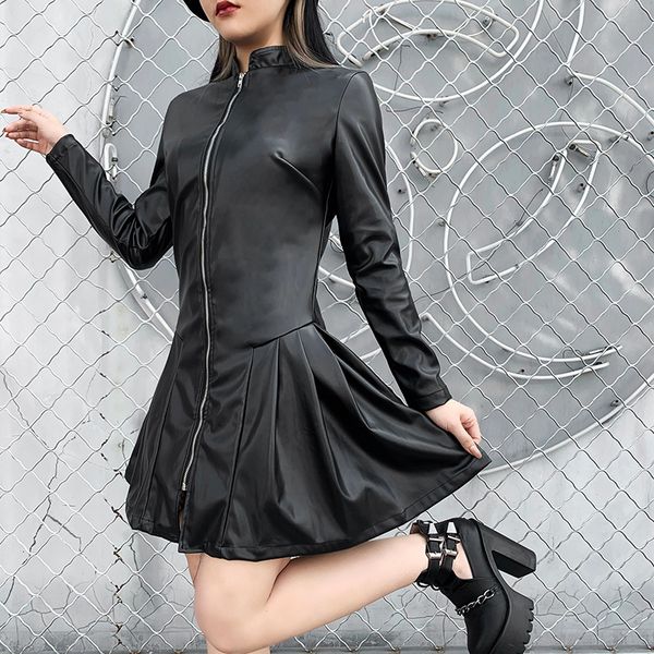 punk zip up black leather dress goth aesthetic high waist a line dress streetwear chic long sleeve pleated dresses, Black;gray
punk zip up black leather dress goth aesthetic high waist a line dress streetwear chic long sleeve pleated dresses, Black;gray