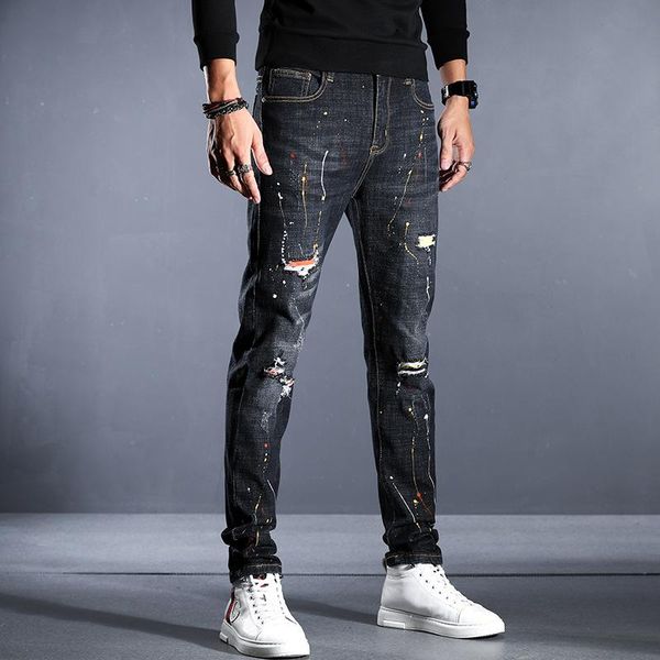 2021 spring summer men's fit slim ripped straight jeans classic badge armband embroidered brand clothing trendy jeans trousers, Blue
2021 spring summer men's fit slim ripped straight jeans classic badge armband embroidered brand clothing trendy jeans trousers, Blue
