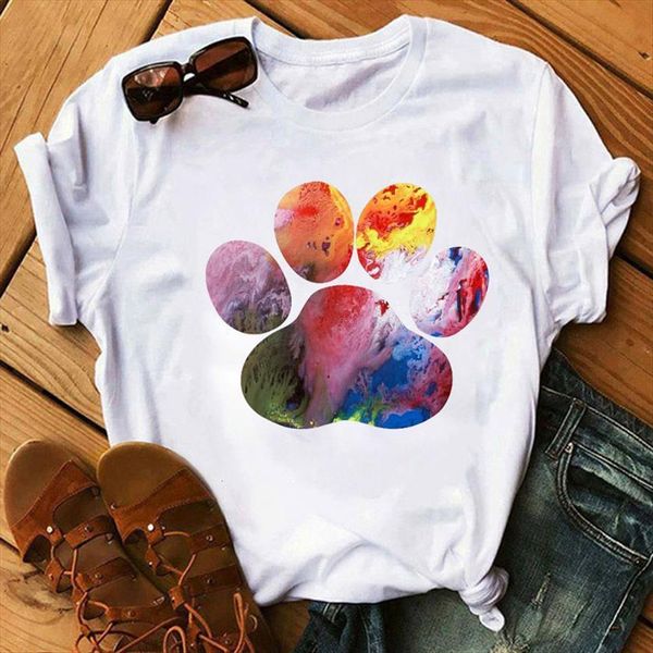 dog paw heart print women short sleeve fashion clothing tees female woman clothes, White 
dog paw heart print women short sleeve fashion clothing tees female woman clothes, White