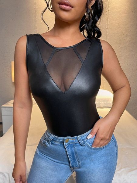 solid contrast mesh pu leather tank u2n6#, White
solid contrast mesh pu leather tank u2n6#, White