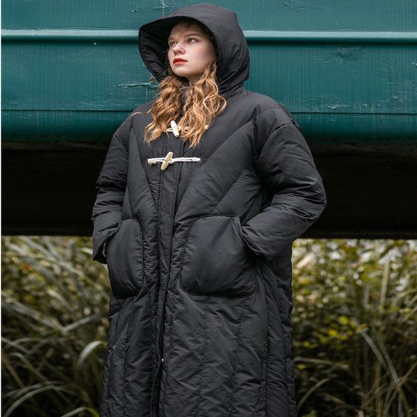 cow horn button white down jacket women exploded over the knee long coat windproof, Black
cow horn button white down jacket women exploded over the knee long coat windproof, Black