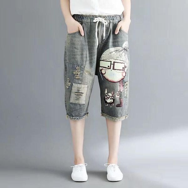 women's jeans arrival summer korean style women loose casual elastic waist harem pants vintga print hole design cotton denim w95, Blue
women's jeans arrival summer korean style women loose casual elastic waist harem pants vintga print hole design cotton denim w95, Blue