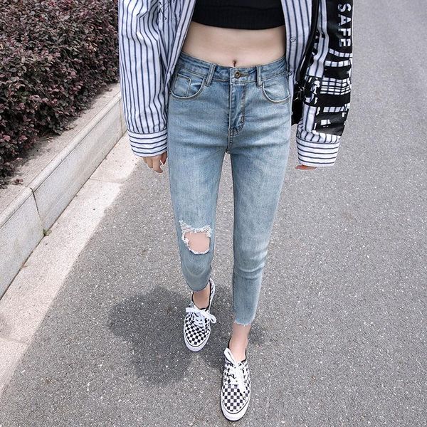 woman jeans pants summer high waist stretch tight ripped ankle-tied pants, Blue
woman jeans pants summer high waist stretch tight ripped ankle-tied pants, Blue