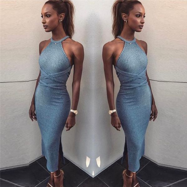 summer sheath clothes party women dress halter neck sleeveless slit mid calf dresses slim backless bandage grey vestidos, Black;gray
summer sheath clothes party women dress halter neck sleeveless slit mid calf dresses slim backless bandage grey vestidos, Black;gray