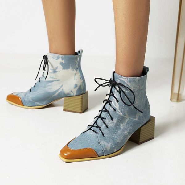 boots oversized lace-up color matching street fashion pointed wood grain rough heel ankle denim women's shoes, Black
boots oversized lace-up color matching street fashion pointed wood grain rough heel ankle denim women's shoes, Black