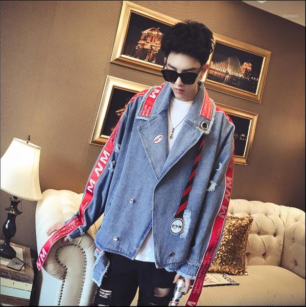 men's jackets spring and autumn korean denim jacket trend short style slim handsome red ribbon punk jacket., Black;brown
men's jackets spring and autumn korean denim jacket trend short style slim handsome red ribbon punk jacket., Black;brown