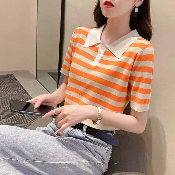 women's sweaters 2021 summer female short sleeve t-shirt design stripe turn-down collar sweater, White;black
women's sweaters 2021 summer female short sleeve t-shirt design stripe turn-down collar sweater, White;black