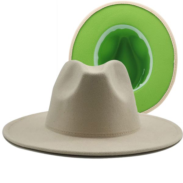 outer cream inner green wool felt jazz fedora hats with thin belt buckle men wide brim panama trilby cap, Blue;gray