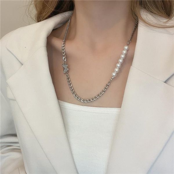 chains clavicle chain 2021 female butterfly neck hip hop pearl necklace, Silver 
chains clavicle chain 2021 female butterfly neck hip hop pearl necklace, Silver