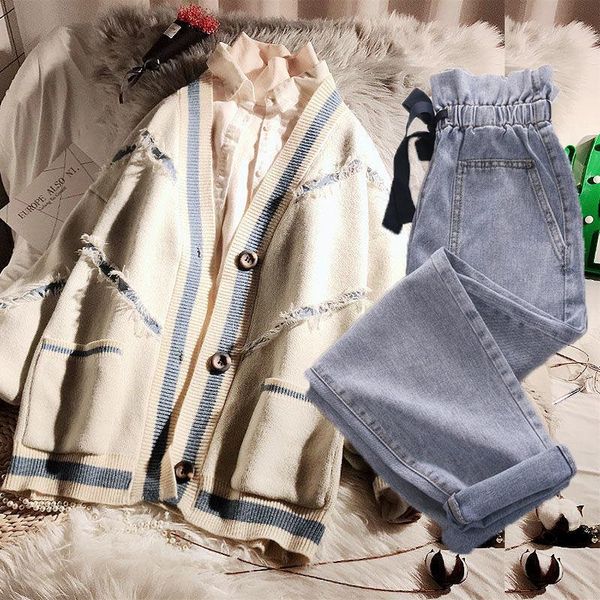 women's two piece pants women 2021 autumn fashion two-piece sets female loose knitted cardigan jackets ladies high waist straight jeans, White
women's two piece pants women 2021 autumn fashion two-piece sets female loose knitted cardigan jackets ladies high waist straight jeans, White