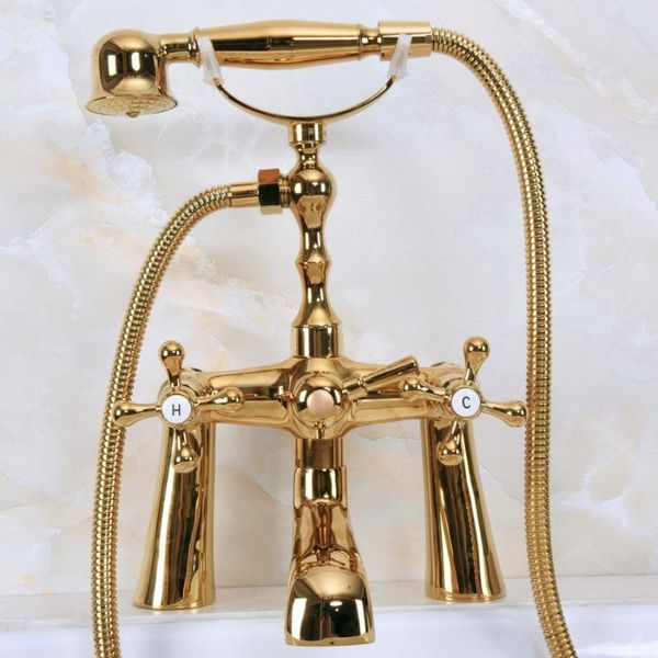 gold color brass deck mount bathroom tub faucet dual cross handles telephone style hand shower clawfoot tub filler ana151
gold color brass deck mount bathroom tub faucet dual cross handles telephone style hand shower clawfoot tub filler ana151