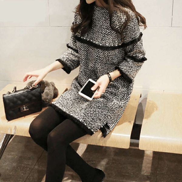 autumn winter new korean small fragrance medium length loose and thin long sleeve thickened tweed dress, Black;gray
autumn winter new korean small fragrance medium length loose and thin long sleeve thickened tweed dress, Black;gray