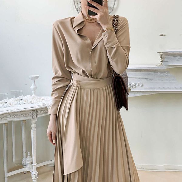 korean chic autumn style lapel one piece lace up pleated skirt over the knee long sleeve dress, Black;gray
korean chic autumn style lapel one piece lace up pleated skirt over the knee long sleeve dress, Black;gray