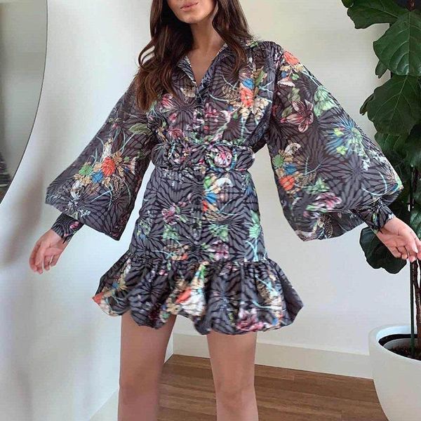 women ruffles dress floral print stand collar lantern sleeve high waist sashes tunic dress, Black;gray
women ruffles dress floral print stand collar lantern sleeve high waist sashes tunic dress, Black;gray