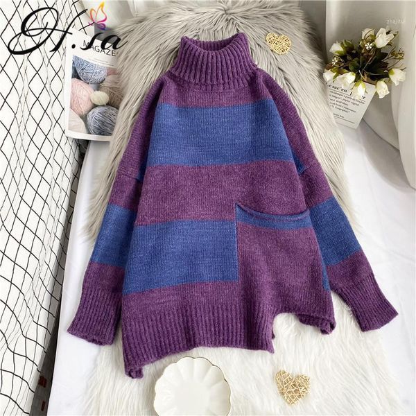 h.sa 2021 women turtleneck sweaters irregular hem pull jumpers wide striped chic harajuku knitted sweater femme women's, White;black
h.sa 2021 women turtleneck sweaters irregular hem pull jumpers wide striped chic harajuku knitted sweater femme women's, White;black