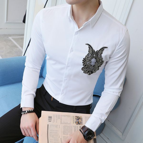 white shirt emblem of the emaciated casual men fit long sleeve shirts dressed in night club wedding party streetwear social n8sd, White;black
white shirt emblem of the emaciated casual men fit long sleeve shirts dressed in night club wedding party streetwear social n8sd, White;black