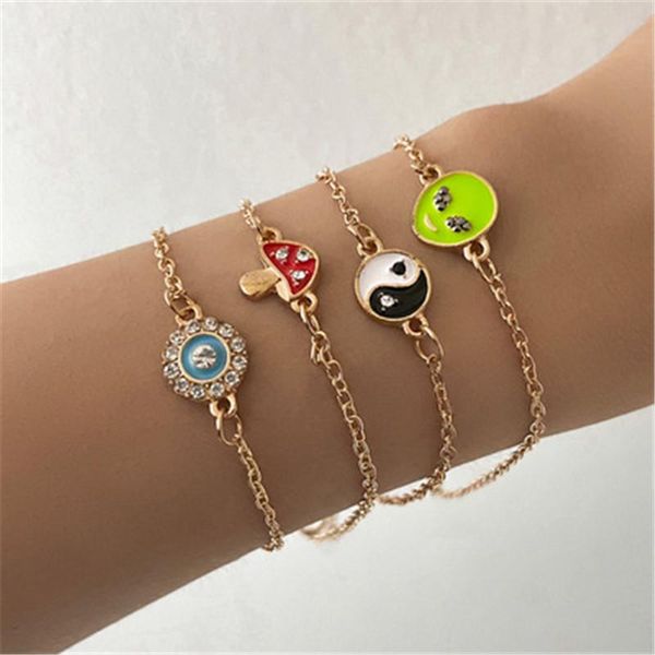 link, chain 4pcs/set trendy mushroom alien ying yang sun crystal bracelet set for women girl metal charming multilayer bangles, Black
link, chain 4pcs/set trendy mushroom alien ying yang sun crystal bracelet set for women girl metal charming multilayer bangles, Black