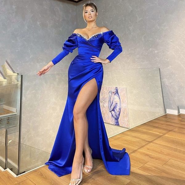 royal blue off shoulder side split mermaid evening dresses with crystal beaded long sleeves satin formal prom gowns, Black;red
royal blue off shoulder side split mermaid evening dresses with crystal beaded long sleeves satin formal prom gowns, Black;red