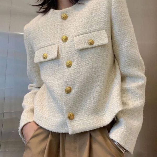 women's wool & blends 2021 long sleeve short jacket o-neck single-breasted solid color slim coat temperament button loose woven tweed, Black
women's wool & blends 2021 long sleeve short jacket o-neck single-breasted solid color slim coat temperament button loose woven tweed, Black
