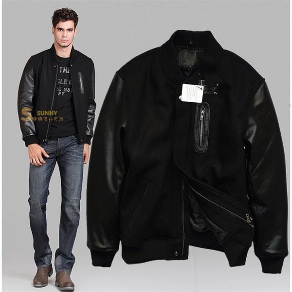 men's leather & faux woolen stitching first layer of cowhide sleeves quilted warm baseball uniform jacket casual big size, Black
men's leather & faux woolen stitching first layer of cowhide sleeves quilted warm baseball uniform jacket casual big size, Black