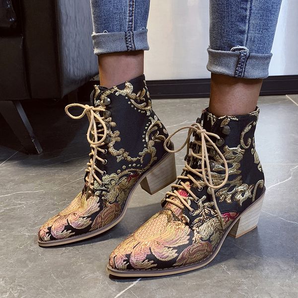 autumn and winter silk embroidery high thick heel pointed lace up short boot's large, Black
autumn and winter silk embroidery high thick heel pointed lace up short boot's large, Black