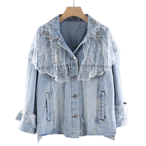 women's jackets denim jacket beaded stitching lace mesh shawl loose jeans coat 2021 spring all-matching short coats ladies jean, Black;brown
women's jackets denim jacket beaded stitching lace mesh shawl loose jeans coat 2021 spring all-matching short coats ladies jean, Black;brown