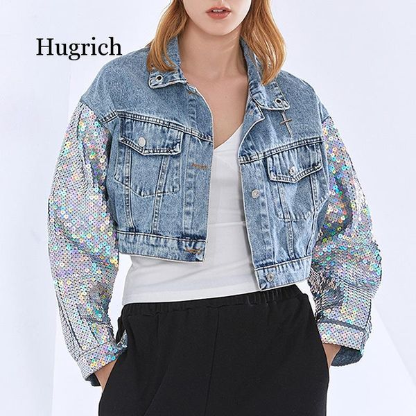women's jackets 2021 spring european and american fashion design sequin denim splicing short coat, Black;brown
women's jackets 2021 spring european and american fashion design sequin denim splicing short coat, Black;brown