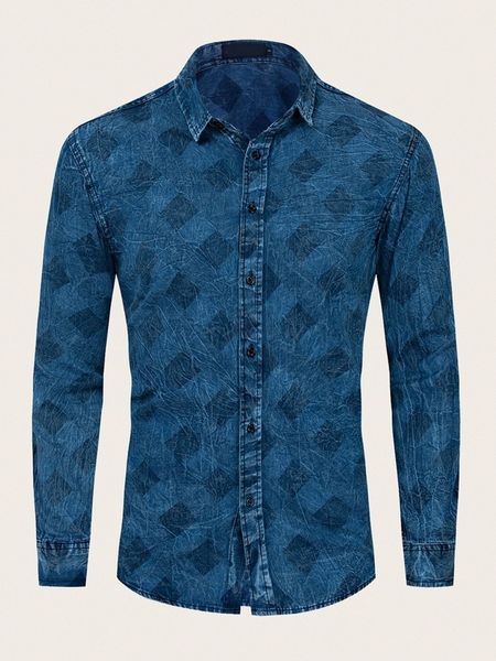 men geo print denim shirt y3aq#, Blue