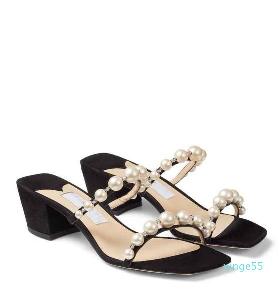 luxury designer sandals shoes nude black open square-toe pearl strappy slip on slippers high heels party wedding dress eu35-43