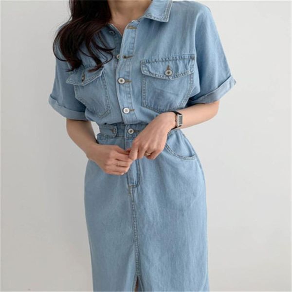 casual dresses denim summer women's lapel korean style elegant bodycon backless long vestidos 2021, Black;gray
casual dresses denim summer women's lapel korean style elegant bodycon backless long vestidos 2021, Black;gray