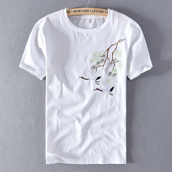 2021 new chinese style red-crowned crane embroidered linen t-shirt short-sleeved slim round neck t shirt for men summer camisa wxid, White
2021 new chinese style red-crowned crane embroidered linen t-shirt short-sleeved slim round neck t shirt for men summer camisa wxid, White