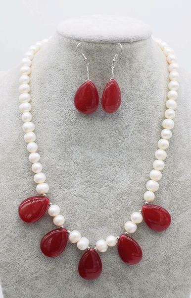 jewelry sets red jade drop freshwater pearl white 8-9mm necklace earring 18" wholesale, Black