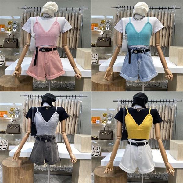 women's t-shirt brand original design 2021 candy color slim knit suspenders + solid round neck short sleeve 2 pieces, White
women's t-shirt brand original design 2021 candy color slim knit suspenders + solid round neck short sleeve 2 pieces, White