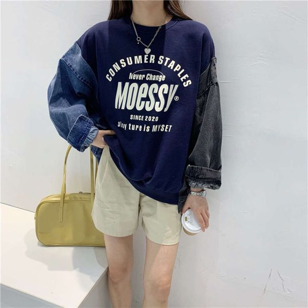 7228zg autumn korean 21 stitched denim sleeve letter women's cotton round neck pullover casual loose sweater, Black
7228zg autumn korean 21 stitched denim sleeve letter women's cotton round neck pullover casual loose sweater, Black