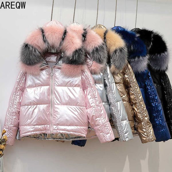 women parkas hooded jacket coats short glossy down cotton parkas female big fur collar shiny warm thick outwear 201014, Black