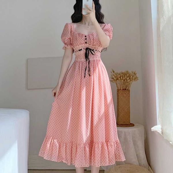 french summer short sleeve boho dress women elegant vintage dot chiffon midi female square collar sweet party 210526, Black;gray
french summer short sleeve boho dress women elegant vintage dot chiffon midi female square collar sweet party 210526, Black;gray