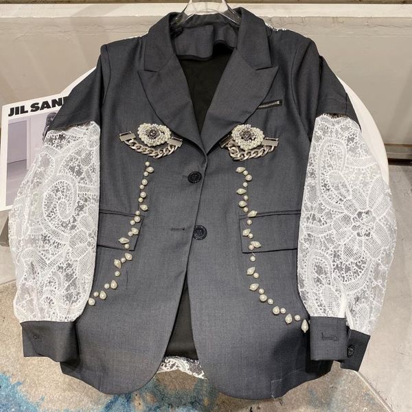 women's suits & blazers long sleeve lace patchwork blazer 2021 summer back hollowed stitching sleeves beaded business suit coat for wom, White;black
women's suits & blazers long sleeve lace patchwork blazer 2021 summer back hollowed stitching sleeves beaded business suit coat for wom, White;black