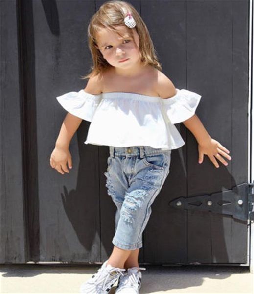 fashion children girls clothes off shoulder crop white hole denim pant jean headband 2pcs toddler kids clothing
fashion children girls clothes off shoulder crop white hole denim pant jean headband 2pcs toddler kids clothing