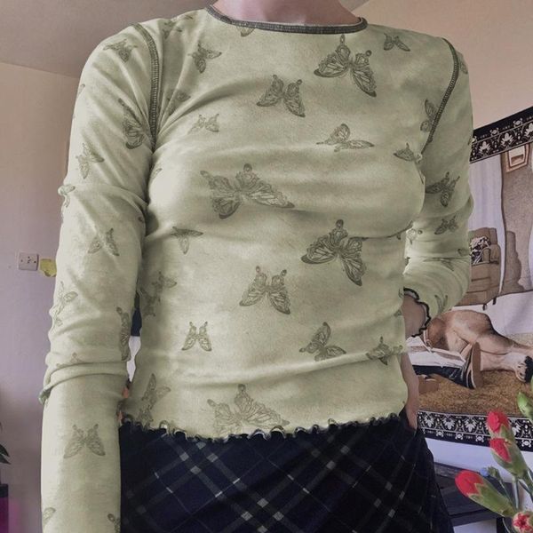 women's t-shirt women autumn slim fit crop color block butterfly print long sleeve round neck lettuce trim pullover, White
women's t-shirt women autumn slim fit crop color block butterfly print long sleeve round neck lettuce trim pullover, White