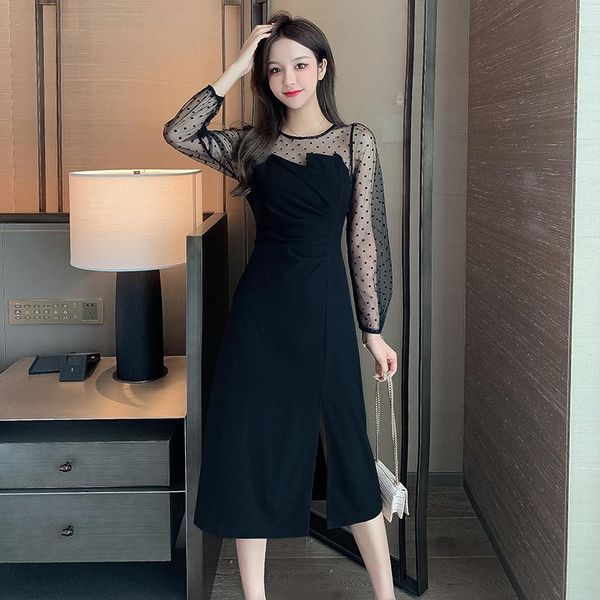 casual dresses 2021 autumn mid-length dress women french solid color tulle round neck stitching split fashion vestido de mulher, Black;gray
casual dresses 2021 autumn mid-length dress women french solid color tulle round neck stitching split fashion vestido de mulher, Black;gray