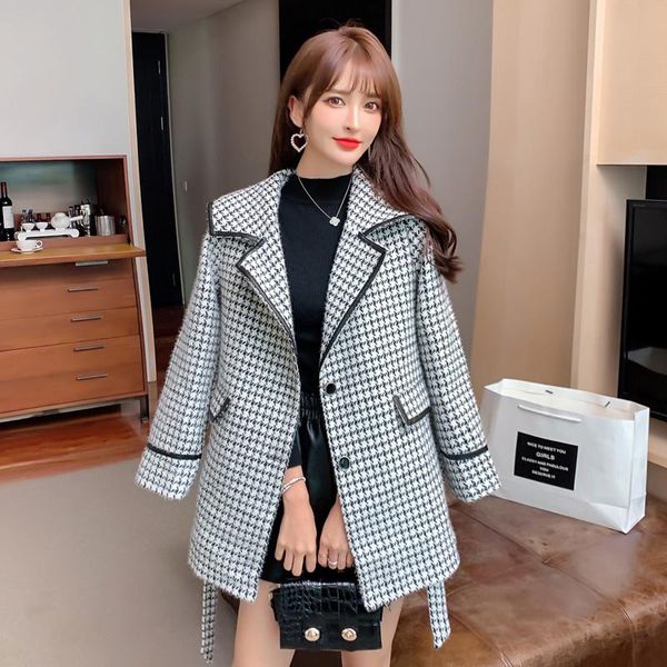 women's wool & blends tweed jacket long houndstooth slim fashion coat autumn outerwear office lady clothes, Black
women's wool & blends tweed jacket long houndstooth slim fashion coat autumn outerwear office lady clothes, Black