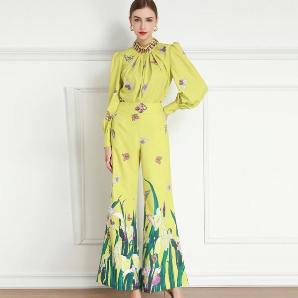 women's two piece pants runway yellow long sleeve beaded shirt + high waist flared suit pant 210223yp02, White 
women's two piece pants runway yellow long sleeve beaded shirt + high waist flared suit pant 210223yp02, White