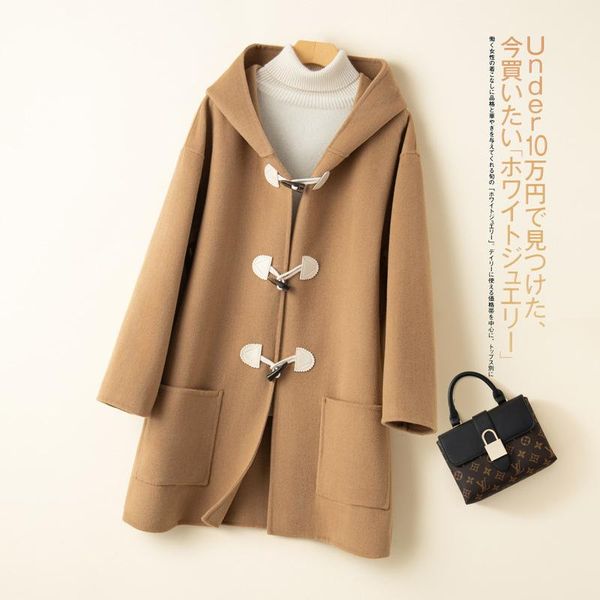 women's wool & blends hooded ox horn buckle double-sided cashmere coat medium and long high-end loose with hat silhouette, Black
women's wool & blends hooded ox horn buckle double-sided cashmere coat medium and long high-end loose with hat silhouette, Black
