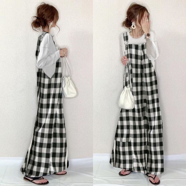 2021 new casual long black white plaid suspender skirt super vestidos preppy japanese style women's maxi xd4j, Black;gray
2021 new casual long black white plaid suspender skirt super vestidos preppy japanese style women's maxi xd4j, Black;gray